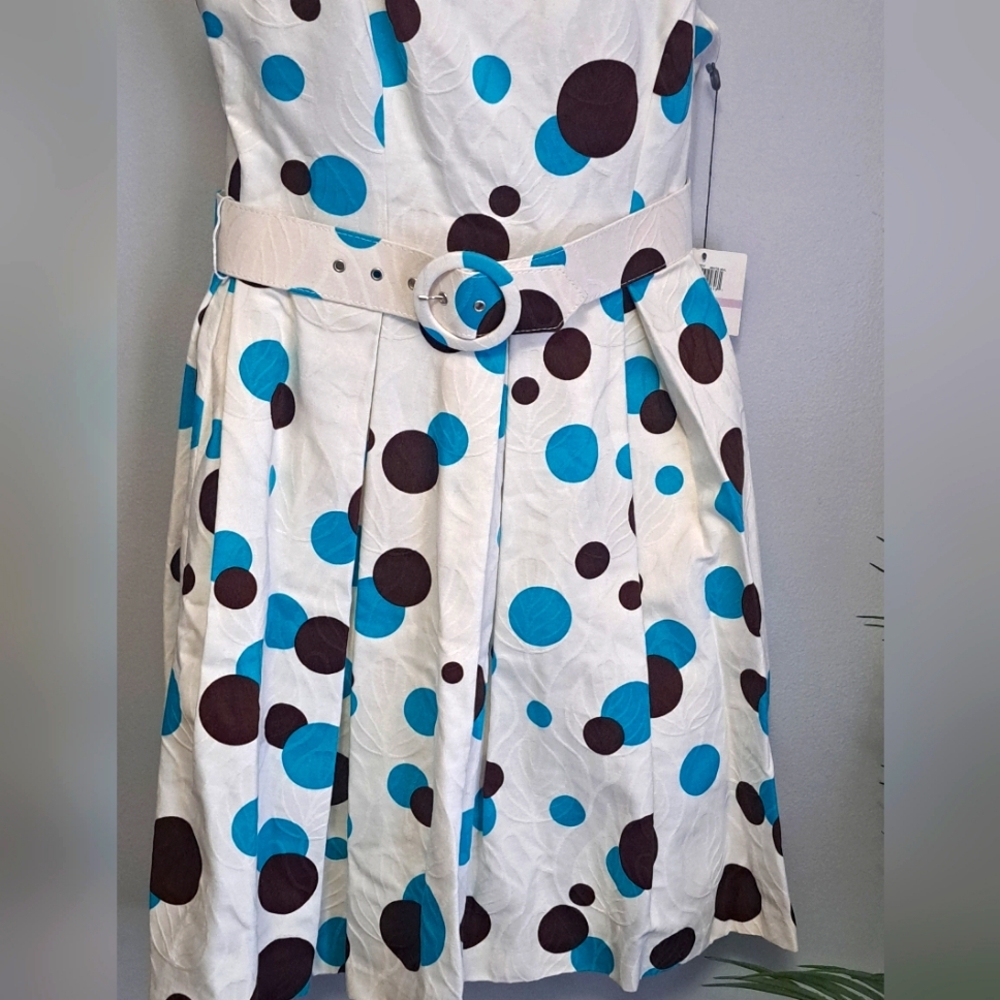 Muse White Dress Turquoise Brown Polka Dots Matching Belt Size 6 - Picture 7 of 8